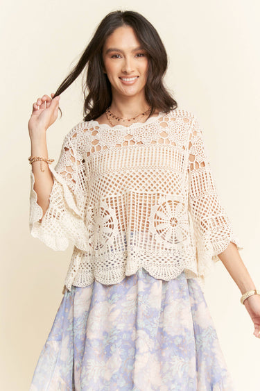 CROCHET LACE SOLID 3/4 SLEEVES TOP BLOUSE